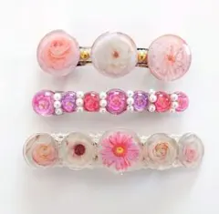 春 押し花バレッタ ピンク 花柄 パール レジン 大人可愛い ヘアアクセ