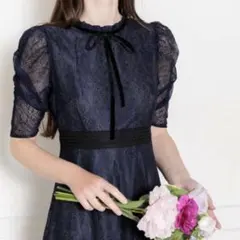 LEJA】ウエストマークパフスリーブ総レースロングドレスワンピース