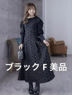 clear ブラック F バックスピンドル花柄ふくれジャガード長袖ワンピース