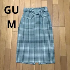 GU チェック柄 リボン付きタイトスカート M 膝丈～膝下　緑　グリーン