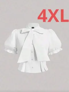 リボン付き パフスリーブ 半袖 ブラウス ホワイト 4XLのサムネイル