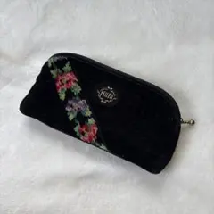 FEILER フラワー刺繍 ポーチ ブラック