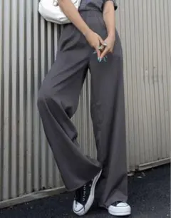 SHEIN 伸縮性ウエスト ワイドパンツ ダークグレー S