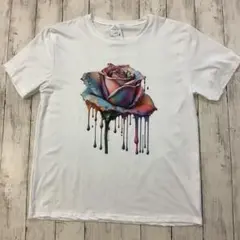 アート風ローズデザインTシャツ レディース 半袖 ホワイト M 個性派 花柄
