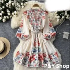 春夏コーデ❤️レディース　長袖　ウエストベルト付き　ミニ丈ワンピース　Vライン