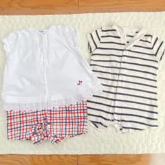 ファミリア　チェック柄ロンパース　プチバトー　ボーダーロンパース　２枚セット