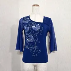 プルオーバーカットソー 七分袖 ロイヤルブルー 蝶々 刺繍（M）きれいめ