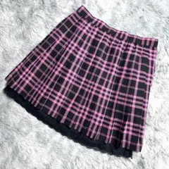 プリーツスカート ピンク×黒 チェック 裾レース ミニスカート スクール S M