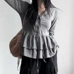 NANAHACHI フリル Tシャツ カットソー グレー長袖フリーサイズ