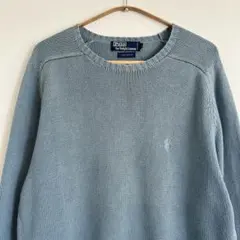 90s ラルフローレン コットンニット ダスティブルー ポニー 短丈 ボックス