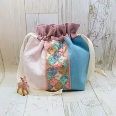 ♡インド刺繍リボン◇ブラウン×ターコイズブルー◇ふんわり巾着