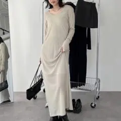 HANNE アン　シアーカットソーロングワンピース 長袖 ベージュ FREE
