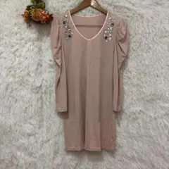 ★アパート★ビジュー付 パフスリーブ チュニック 【L】 ワンピース レーヨン混