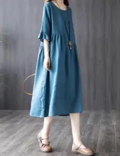 ゆったり 膝下丈ミモレ丈ワンピース フレアスリーブアンブレラスリーブ フェミニン