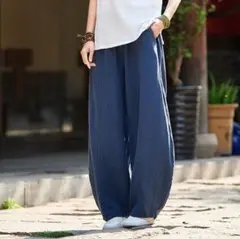 綿麻とろみワイドパンツ　コットンリネン　ボトムス　ウエストゴム　無地カジュアル