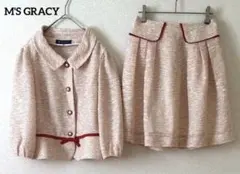 美品☆ エムズグレイシー　春夏素材　ツイードセットアップ　パールボタン　赤　白