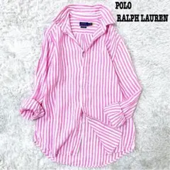 【美品 近年】ポロラルフローレン ストライプシャツ ポニー刺繍 リネンM