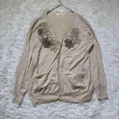 【スーパーハッカ】花モチーフ カーディガン M グレー 伸縮性 羽織り 春秋