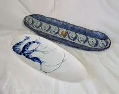 海老柄の皿と青い長皿のセット