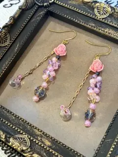 No.13ハンドメイド ピンクビーズ ロングピアス