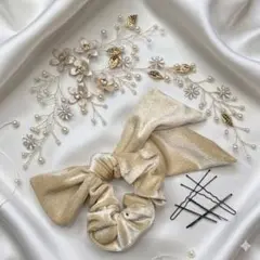 ヘッドドレス(ゴールド)&ベロアシュシュ(アプリコット)ヘアピン付き 卒業 入学