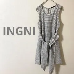 イング ノースリーブ ひざ丈 ワンピース 白黒チェック カジュアル 華やか