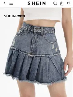 SHEIN ダメージ プリーツヘム デニムスカート