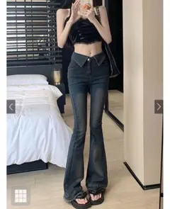 新品 GRL ウエスト折り返しフリンジフレアデニム