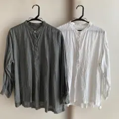無印良品　リネン長袖ギャザーブラウスM-Lサイズ カーキ& ホワイト 2枚セット