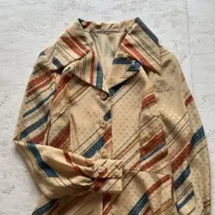 も*す様 昭和レトロ 幾何学柄　ストライプ柄　ロングワンピース ベージュ L1