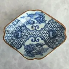 古伊万里 染付 変形皿 型紙摺 印判 ドット 水玉 骨董 アンティーク 金