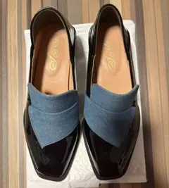 美品　黒デニムコンビローファー 中ヒール