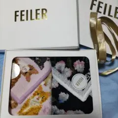 新品未使用　FEILER 猫と花柄 タオルハンカチ箱入り2枚セット