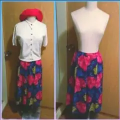 高級婦人服 昭和レトロ古着 ひざ下ミディアム丈 派手め多色花柄スカート