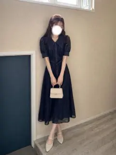 ネイビー 半袖メッシュ Aラインワンピース