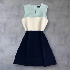 配色デザイン ノースリーブワンピース 38 ミントブルー×ネイビー 上品コーデ