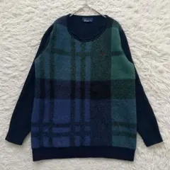 FRED PERRY 刺繍　ギンガムチェック　モヘヤ混　長袖　ニット　セーター