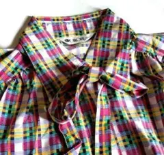 激レア ヴィンテージ 80s 昭和レトロ 棒タイ付き 総柄 ブラウス ポリシャツ