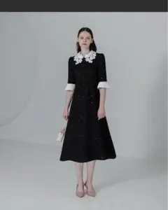 LEJA花柄レースカラースパンコール刺繍Aラインフレアドレスワンピース