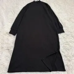 1923 ロング丈長袖カットソーワンピース リブ 黒 体型カバー ゆったり