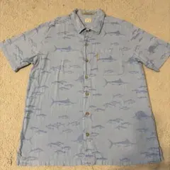 Columbia 半袖シャツ魚柄 水色　L RIVER LODGE コロンビア