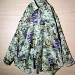 高級 シルク 長袖シャツ L アート柄 総柄 くすみカラー ヴィンテージ 古着