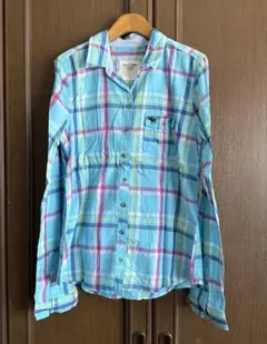 アバクロンビー＆フィッチ　水色チェック柄 長袖シャツ　L