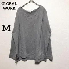 【グローバルワーク】Tシャツ M グレー シンプル Vネック サイドスリット