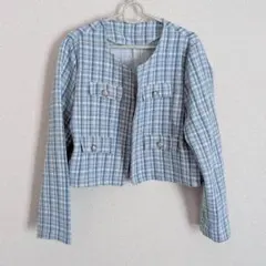 新品　水色のツイードノーカラージャケット