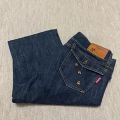 美品 サラブランド 肉球刺繍 クロップドデニム M ストレッチ 裾ボタン