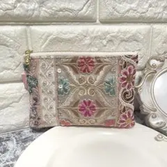 インド刺繍リボンポーチ　フラットポーチ　ピンク
