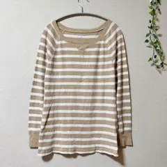 OLD NAVY ベージュ ホワイト ボーダー 長袖 Tシャツ L ワッフル