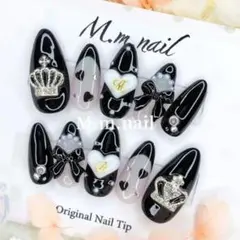ネイルチップオーダー 地雷系 量産型 ピンク ブラック ハート イニシャル 王冠