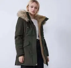ZARA ファー付きモッズコート カーキ Lサイズ 綺麗目・Aライン